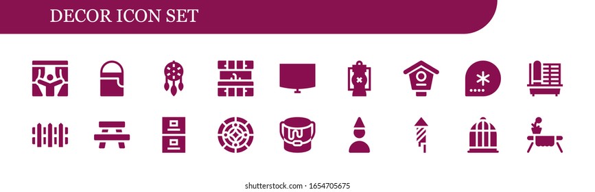 decor icon set. 18 filled decor icons.  Simple modern icons such as: Curtains, Paint bucket, Ornament, Kitchen, Night stand, Lantern, Bird house, Winter, Cage, Fence, Table, Filing cabinet
