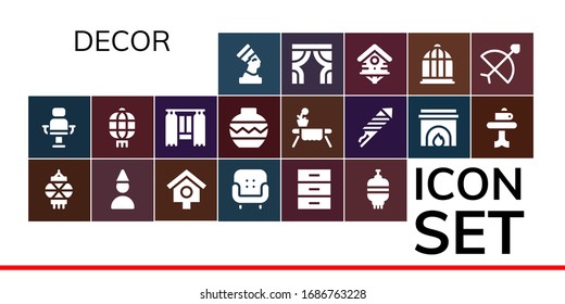 Decor Icon Set. 19 Filled Decor Icons.  Simple Modern Icons Such As: Pharaoh, Armchair, Lantern, Birthday Boy, Bird House, Cabinet, Curtain, Vase, Table, Fireworks, Fireplace