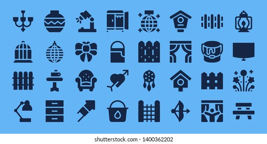 decor icon set. 32 filled decor icons. on blue background style Simple modern icons about  - Chandelier, Bird cage, Fence, Desk lamp, Vase, Mirror ball, Table, Cabinet, Bow, Armchair