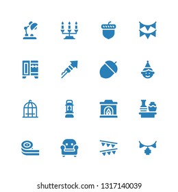 decor icon set. Collection of 16 filled decor icons included Garland, Garlands, Armchair, Belts candy, Vase, Fireplace, Lantern, Bird cage, Birthday boy, Acorn, Fireworks, Wardrobe