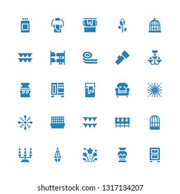 decor icon set. Collection of 25 filled decor icons included Cabinet, Greek vase, Fireworks, Lantern, Candelabra, Bird cage, Garlands, Cage, Armchair, Paint can, Wardrobe, Vase