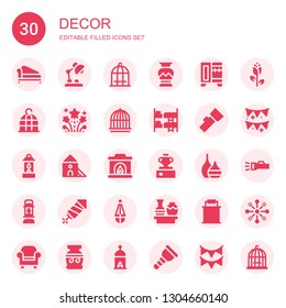 decor icon set. Collection of 30 filled decor icons included Divan, Desk lamp, Bird cage, Greek vase, Wardrobe, Fireworks, Cage, Bunk, Lantern, Indoor, Fireplace, Vase, Paint bucket
