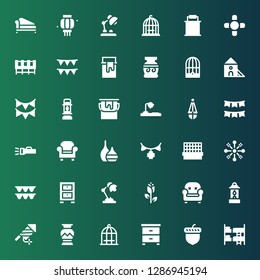 decor icon set. Collection of 36 filled decor icons included Bunk, Acorn, Night stand, Bird cage, Greek vase, Firework, Lantern, Armchair, Rose, Desk lamp, Cabinet, Garland, Fireworks