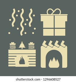 decor icon set with confetti, gift and christmas fireplace vector illustration