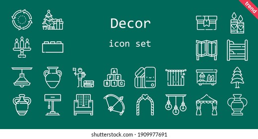 decor icon set. line icon style. decor related icons such as bricks, sofa, pine, room divider, curtains, christmas tree, vase, lamp, candles, pantone, terrarium, bow, wedding arch, repeat