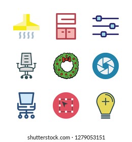 decor icon set. vector set about vector, settings, light bulb and office chair icons set.