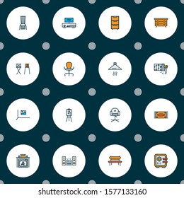 Decor icons colored line set with stylish chair, sound system, ergonomic armchair and other television elements. Isolated vector illustration decor icons.
