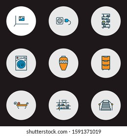 Decor icons colored line set with stairs, drawer unit, washing machine and other wire elements. Isolated vector illustration decor icons.