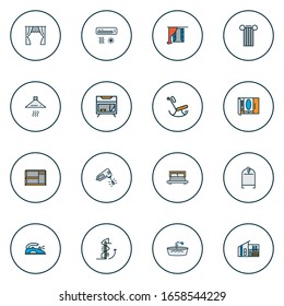 Decor icons colored line set with curtain, clothing rack, air conditioner and other stepladder elements. Isolated vector illustration decor icons.