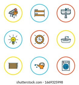 Decor icons colored line set with grand piano, wall clock, wash stand hostel elements. Isolated vector illustration decor icons.