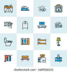 Decor icons colored line set with sideboard, toilet, wardrobe and other light elements. Isolated vector illustration decor icons.