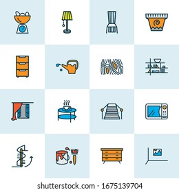 Decor icons colored line set with wall picture, circular staircase, coloring wall and other casement elements. Isolated vector illustration decor icons.