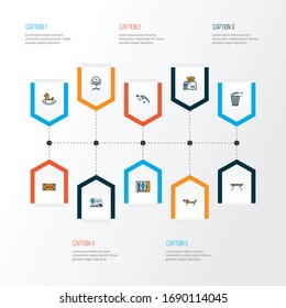 Decor icons colored line set with carpenter tools, ottoman, stylish chair and other trashcan elements. Isolated vector illustration decor icons.
