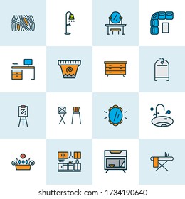 Iconos de decoración coloridos con cremallera de ropa, cristalera, lavabo y otros elementos de vidrio-muelle. Iconos aislados de decoración de ilustraciones vectoriales.