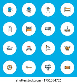 Iconos de decoración coloridos con mesa de picnic, reloj de pared, silla alta y otros elementos de lámpara de araña. Iconos aislados de decoración de ilustraciones vectoriales.