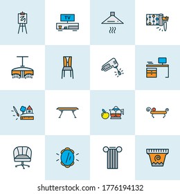 Decoración de iconos coloridos con mesa de comedor, espejo de pared, jugo y otros elementos de whisky. Iconos aislados de decoración de ilustraciones vectoriales.
