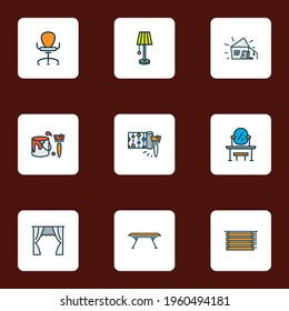 Decor icons colored line set with dining table, wallpaper, lamp and other paint bucket elements. Isolated vector illustration decor icons.