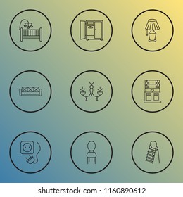 Decor icons line style set with couch, stepladder, seat and other illumination elements. Isolated vector illustration decor icons.