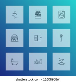 Decor icons line style set with washing machine, rocking chair, floor lamp and other decoration elements. Isolated vector illustration decor icons.