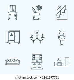 Decor icons line style set with kitchen set, wardrobe, couch and other ladder elements. Isolated vector illustration decor icons.
