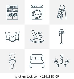 Decor icons line style set with double bed, floor lamp, bookshelf and other decoration elements. Isolated vector illustration decor icons.