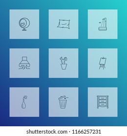 Decor icons line style set with drawing easel, exhaust hood, vase and other sideboard elements. Isolated vector illustration decor icons.