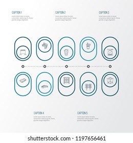 Decor icons line style set with kitchen scales, daybed, sound system and other flowerpot elements. Isolated vector illustration decor icons.