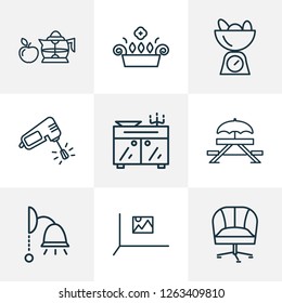 Decor icons line style set with window plant, armchair, wall picture and other houseplant elements. Isolated vector illustration decor icons.