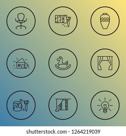 Decor icons line style set with old hut, wallpaper, curtain and other pottery elements. Isolated vector illustration decor icons.