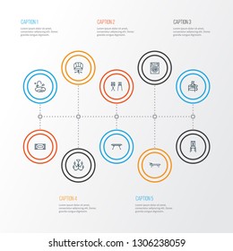 Decor icons line style set with barstool, chandelier, armchair ergonomic chair elements. Isolated vector illustration decor icons.