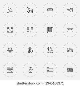 Decor icons line style set with circular staircase, double decker bed, watering can and other restaurant elements. Isolated vector illustration decor icons.