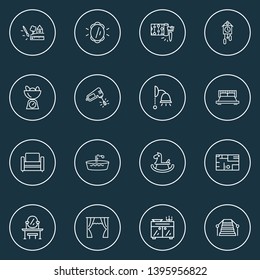 Decor icons line style set with wall mirror, double bed, rocking horse and other whisk elements. Isolated vector illustration decor icons.