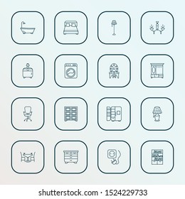 Decor icons line style set with double bed, dining table, floor lamp and other bathroom elements. Isolated vector illustration decor icons.