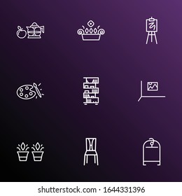 Iconos decorativos de línea de estilo conjunto con macetas de planta, tendedero de ropa, imagen de pared y otros elementos de pintura. Iconos aislados de decoración de ilustración vectorial.