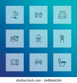 Decor icons line style set with microwave, bench, mattress and other flowerpot elements. Isolated vector illustration decor icons.