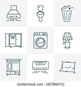 El estilo de línea de los iconos del decorador está ajustado con el capó de escape, la lavadora, la almohada y otros elementos del armario. Iconos aislados de decoración de ilustración vectorial.