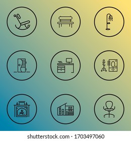 Decor icons line style set with ergonomic armchair, floor lamp, bench and other entrance elements. Isolated vector illustration decor icons.