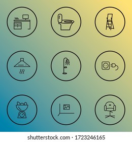 Decor icons line style set with toilet, stylish chair, exhaust hood and other wire elements. Isolated vector illustration decor icons.