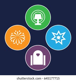 Decor icons set. set of 4 decor filled icons such as fireworks, table lamp