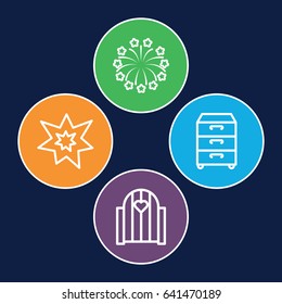Decor icons set. set of 4 decor outline icons such as nightstand, fireworks