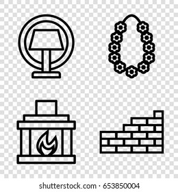 Decor icons set. set of 4 decor outline icons such as garland, fireplace, table lamp