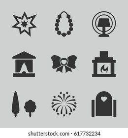 Decor icons set. set of 9 decor filled icons such as bow, fireworks, garland, fireplace, tree, table lamp, stage