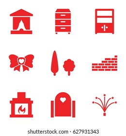 Decor icons set. set of 9 decor filled icons such as bow, nightstand, cupboard, fireworks, fireplace, tree, brick wall, stage