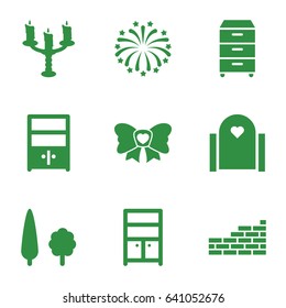 Decor icons set. set of 9 decor filled icons such as wardrobe, bow, nightstand, cupboard, fireworks, tree, candlestick, brick wall