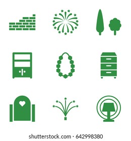 Decor icons set. set of 9 decor filled icons such as nightstand, cupboard, fireworks, garland, tree, table lamp, brick wall