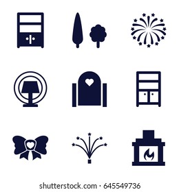 Decor icons set. set of 9 decor filled icons such as wardrobe, bow, cupboard, fireworks, fireplace, tree, table lamp