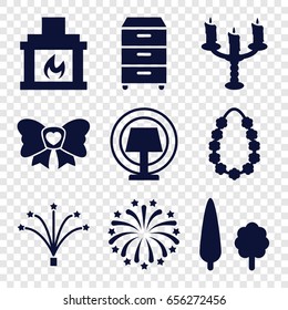 Decor icons set. set of 9 decor filled icons such as bow, nightstand, fireworks, garland, fireplace, tree, candlestick