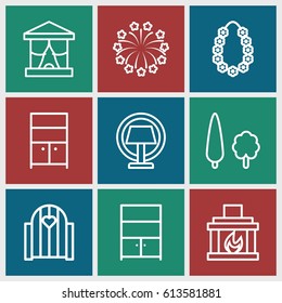 Decor icons set. set of 9 decor outline icons such as wardrobe, cupboard, fireworks, garland, fireplace, tree, table lamp, gate
