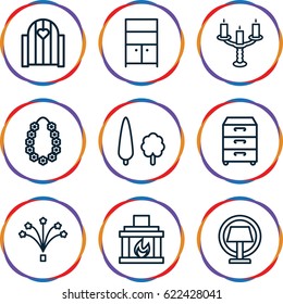 Decor icons set. set of 9 decor outline icons such as wardrobe, nightstand, fireworks, garland, fireplace, tree, candlestick, table lamp