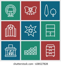 Decor icons set. set of 9 decor outline icons such as bow, nightstand, cupboard, fireworks, fireplace, tree, table lamp, brick wall